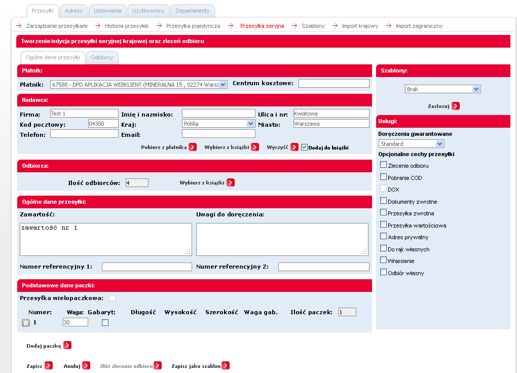 3. Przesyłki Tworzenie i edycja przesyłki seryjnej krajowej i zagranicznej Działanie tego formularza jest niemal analogiczne do opisywanego w rozdziale Tworzenie i edycja przesyłki pojedynczej, z tą