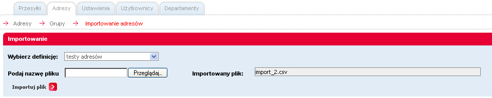 4. Adresy Konfigurowanie definicji dla importu kończy kliknięcie na #Zakończ mapowanie, wówczas aplikacja przeniesie Użytkownika do listy definicji.