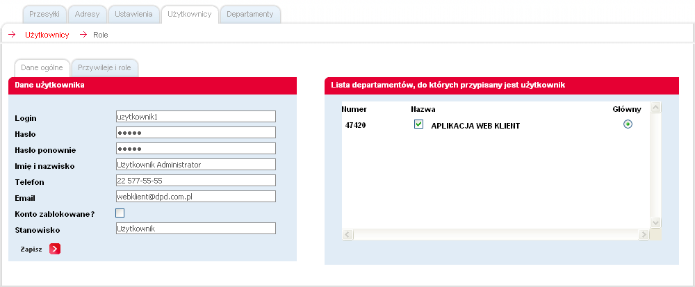 2. Użytkownicy Administrator uzupełniając zakładkę Dane ogólne definiuje dane wymagane, takie jak: login, hasło oraz Imię i Nazwisko Użytkownika.