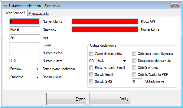 3.2.1 Siódemka Menu Ustawienia Siódemka umożliwia konfigurację eksportu do kuriera Siódemka za pomocą ich usługi WebService7 (API).