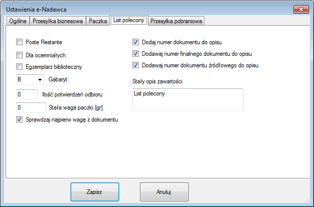 Wartość z kwoty dokumentu wartość przesyłki będzie ustalana na podstawie wartości z dokumentu; Dodaj numer dokumentu do opisu dodawanie numeru eksportowanego dokumentu do opisu zawartości paczki;