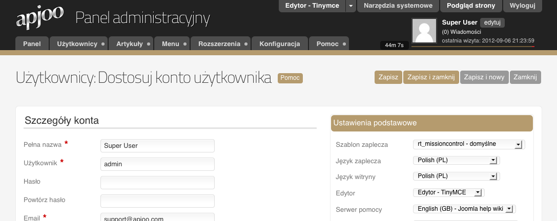 Klikając Utwórz należy podać szczególy użytkownika i określić zakres przydzielonych mu możliwości 3. Klikając na istniejącego użytkownika możemy mu nadać np.: nowe hasło.