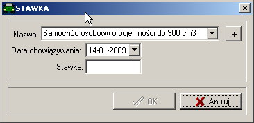 Tutaj po kliknięciu w Dodaj otworzy się następne, w którym wprowadzamy: nazwę stawki, datę obowiązywania oraz wartość: 3.2.