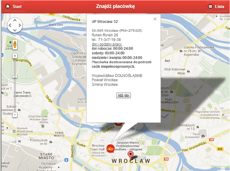 Znajdź placówkę Naciśnięcie każdego ze znaczników spowoduje