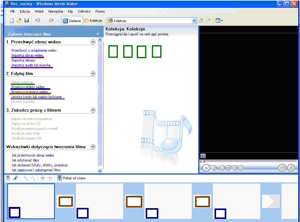 Załącznik nr 3 Instrukcja 2 Windows Movie Maker program do tworzenia prezentacji z grafiki z wykorzystaniem prostej animacji i efektów (film) Utwórz w folderze PREZENTACJA podfolder FILM i zapisz w