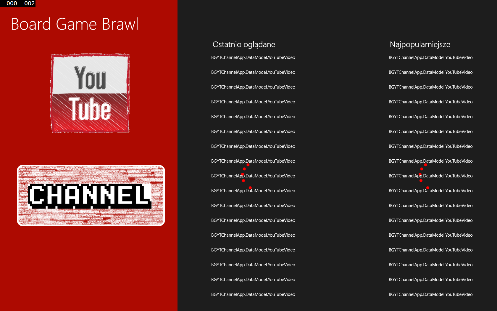 18. Do kontrolek ListView dodaj atrybuty ItemsSource i powiąż je z właściwościami RecentItems i SortedByTitleItems również zadeklarowanymi w klasie YouTubeDataSource.