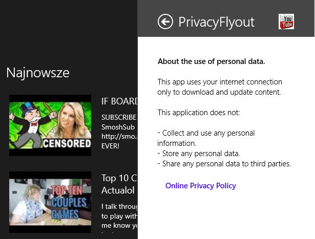 SettingsCommand privacycommand = new SettingsCommand("privacy", "Privacy Policy", (handler) => PrivacyFlyout privacyflyout = new PrivacyFlyout(); privacyflyout.show(); ); args.request.