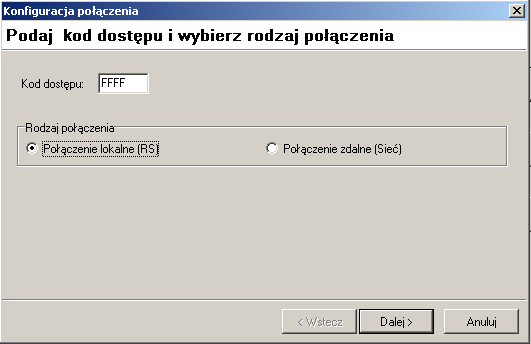 Ukazuje się wtedy okno konfiguracji połączenia. Należy wpisać kod dostępu lub pozostawić domyślny i wybrać rodzaj połączenia. Są do wyboru 2 rodzaje połączenia: lokalne i zdalne.