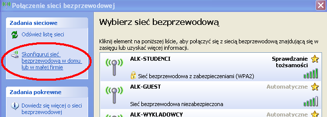 Instrukcja do konfiguracji sieci WiFi w Akademii Leona Koźmińskiego dla systemu Windows XP W celu podłączenia się do sieci WiFi ALK przeznaczonej dla studentów lub wykładowców w systemie Windows XP