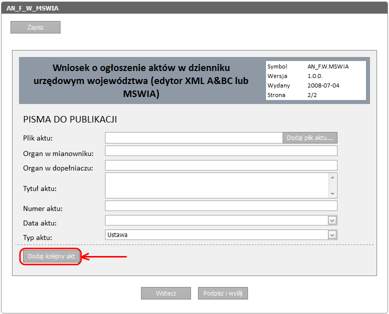 W każdym momencie tworzenia wniosku elektronicznego możemy go zapisad w kopiach roboczych.