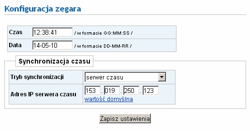 Pola Czas i Data umoŝliwiają wprowadzenie ustawień w/w parametrów i zapisanie ich do pamięci urządzenia Tryb synchronizacji: moduł synchronizuje swój wewnętrzny zegar na podstawie danych 2