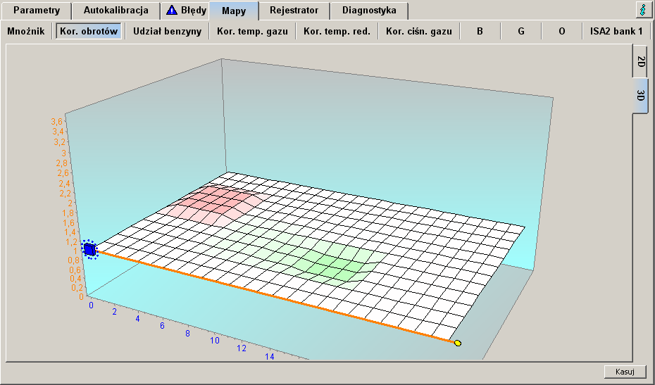 Zakładka 3D widoczna po prawej stronie okna mapy korekcji obrotów pozwala na włączenie widoku 3D. Powrót do klasycznego dwu-wymiarowego widoku możliwy jest poprzez zakładkę 2D.