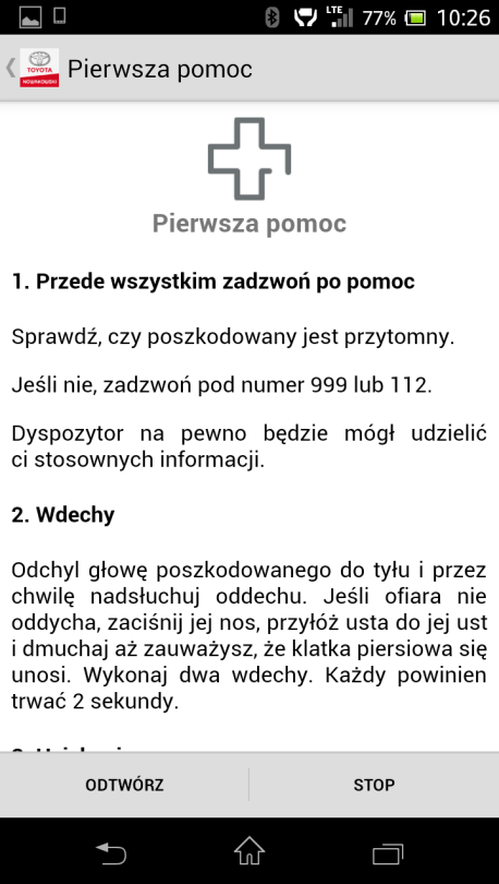 Pierwsza pomoc Panel ten zawiera czynności jakie powinno się wykonać podczas