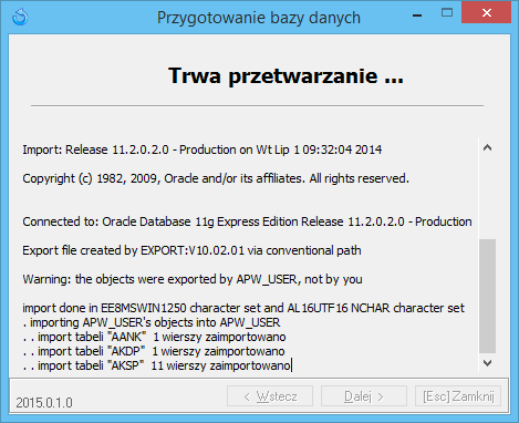 Rys.18. Podsumowanie parametrów Po wybraniu Dalej w powyższym oknie, program przystąpi do tworzenia przestrzeni tablic oraz importu demonstracyjnej bazy danych: KS Apteka PRO Rys. 19.