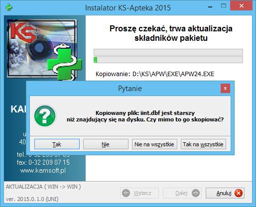 W ostatniej fazie procesu kopiowania nastąpi automatyczne instalowanie wszystkich pozostałych składników systemu KS-APTEKA (uwidocznione na rysunku 46). Rys. 46. Aktualizacja składników systemu.