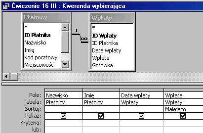 III. Utwórz kwerendę dla tabel Płatnicy i Wpłaty. Sortuj malejąco pole Wpłata. Zmień ilość wyświetlanych rekordów na:.