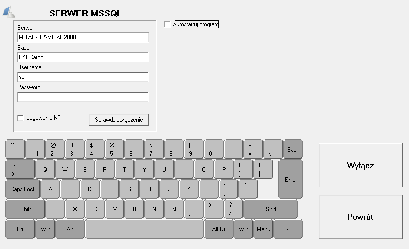 W sekcji SERWER MSSQL znajdują się dane do połączenia z serwerem MS SQL: Serwer nazwa serwera MS SQL, Baza nazwa bazy danych, która znajduje się na serwerze, Username nazwa użytkownika, Password