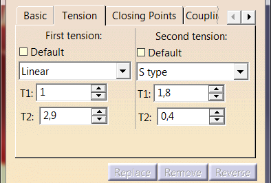 charakterystycznych CATIA V5 Blend - Tension Zakładka zawiera funkcje dotyczące utrzymania parametrów krzywizny w wybranym trybie ciągłości.