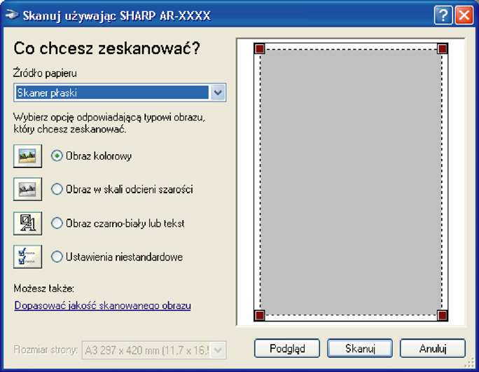 SKANOWANIE Z PROGRAMU KOMPATYBILNEGO Z WIA (WINDOWS XP) W przypadku korzystania z systemu Windows XP można użyć sterownika WIA, aby skanować z programu Paint lub innej aplikacji zgodnej z WIA.