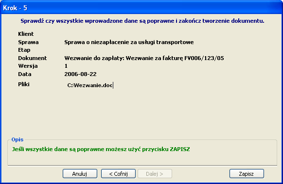 Dokumenty spraw Kreator ułatwiaju atwiający zarejestrowanie