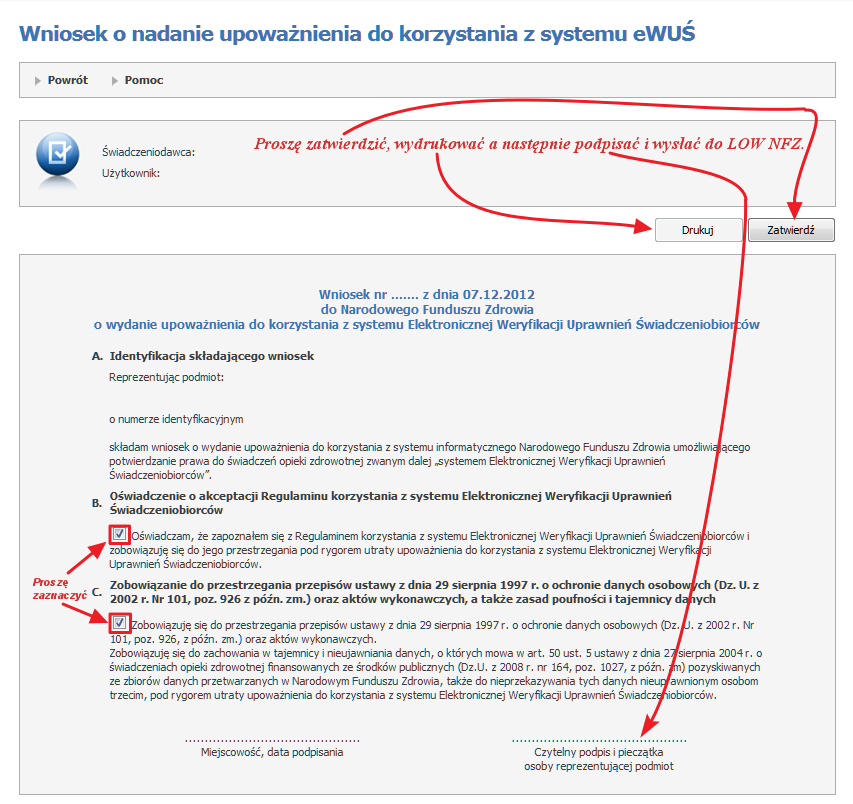 2. Przygotowanie danych w Portalu NFZ do systemu ewuś. a) Po otrzymaniu upoważnienia, kolejnym krokiem jest utworzenie konta lokalnego administratora i operatorów systemu ewuś.