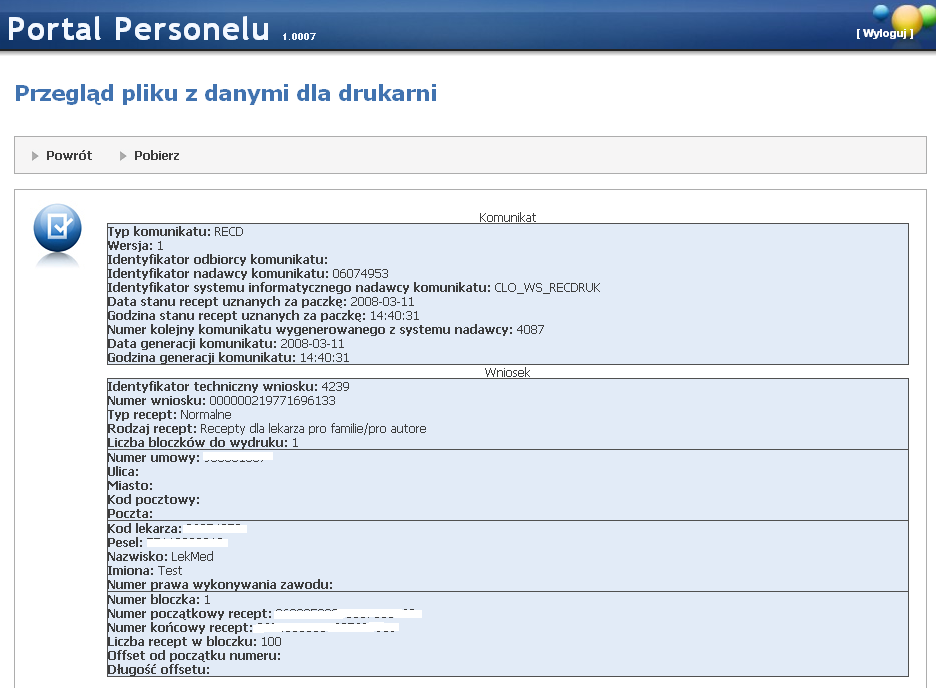 Po zatwierdzeniu żądanej ilości recept, pojawi się formatka z przeglądem wygenerowanych numerów recept. Dane o otrzymanych zakresach można pobrać w formie pliku xml, korzystając z opcji Pobierz.