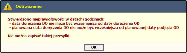 Wprowadzona została kontrola zgodności terminów podjęcia i dostawy na przesyłce: Dodano kopiowanie danych