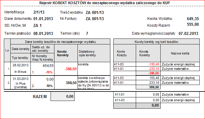 Rysunek 21. Wykaz korekt kosztów wykonanych do wydatku... Rysunek 22. Wydruk zarejestrowanych korekt kosztów do wybranego wydatku zaliczonego do KUP 7.