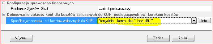 Jeśli w danej firmie używa się innych kont dla księgowania kosztów uzyskania przychodu, należy podać ich zakres w parametrach systemu.