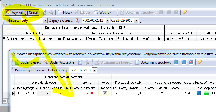 Rysunek 11. Lista wyszukanych korekt do zarejestrowania w m-cu luty. Na powyższym rysunku widać znaleziony, częściowo uregulowany wydatek (z przykładu na rys. 4. i 8.