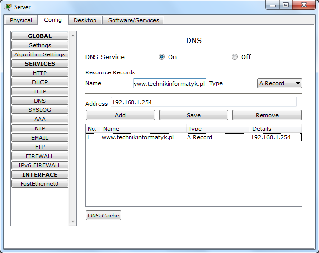 DNS, HTTP w Packet Tracer Włączamy na serwerze