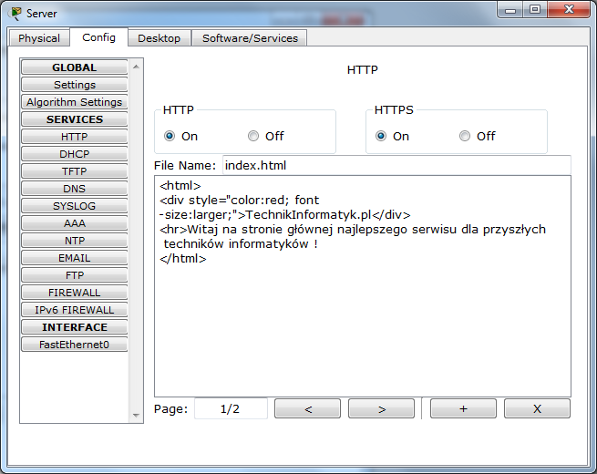 DNS, HTTP w Packet Tracer Włączamy na