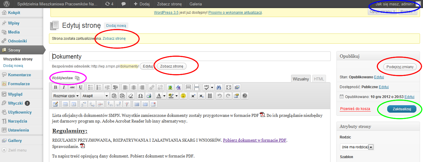 5. Kolejną czynnością jest zmiana oraz opracowanie i formatowanie treści Strony. Okno edycyjne zawiera przyciski funkcyjne zbliżone znaczeniowo do tych znanych z programu MS Word.