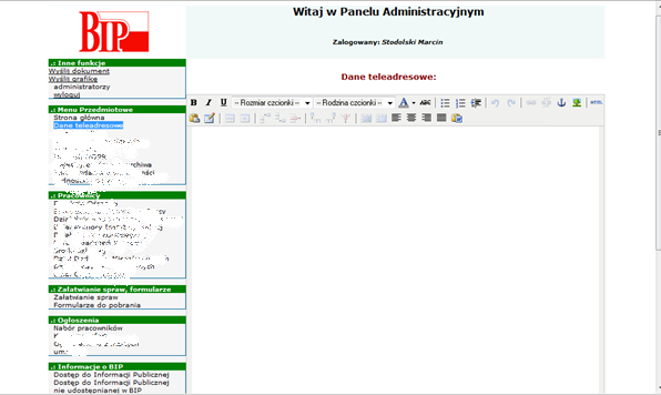 Panel administracyjny posiada wbudowany edytor. Praca w nim wygląda podobnie jak w MS Word.