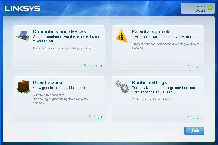 Nazwa sieci tworzonej przez router Linksys E-Series, w tym przykładzie BronzeEagle jest pokazana jako zaznaczona.