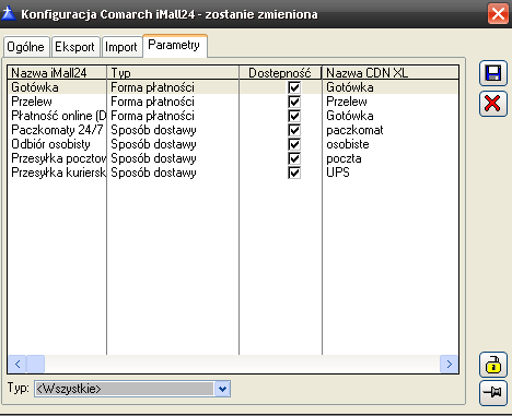 2.1.1.6 Zdefiniowanie dostępności form płatności i sposobów dostawy Po pobraniu danych z imall24 na zakładce Parametry w konfiguracji oddziału należy określić, które sposoby dostawy oraz formy