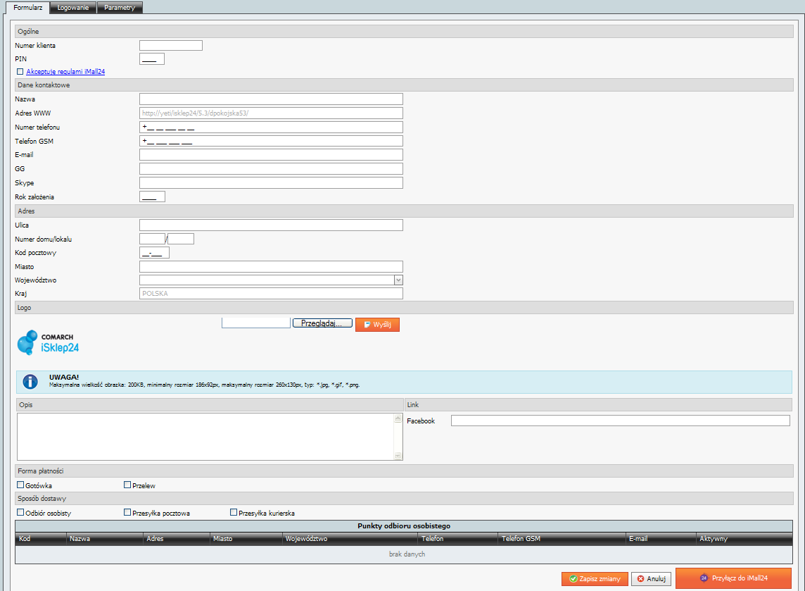 Zakładka Formularz Zakładka Formularz zawiera formularz rejestracyjny, po uzupełnieniu, którego sklep zostanie przyłączony do serwisu imall24.