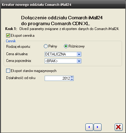 2.1.1.1 Krok 1 Parametry związane z eksportem danych do Comarch imall24 W pierwszym kroku możemy określić następujące parametry: Eksport cennika po zaznaczeniu opcji do oddziału Comarch imall24