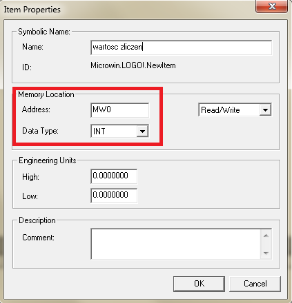 4.3 Wstawienie zmiennych do programu Kliknąć prawym przyciskiem myszy na New PLC, wybrać NEW a następnie Item. W otwartym oknie właściwości należy wpisać: nazwę np.