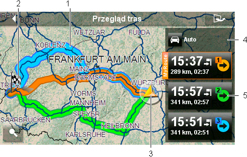 MyReport: Otwiera okno MYREPORT. W oknie tym podać można firmie NAVIGON zmiany dotyczące urządzeń prowadzenia i nadzoru ruchu. 2W/3W: Zmienia tryby 2W i 3W.