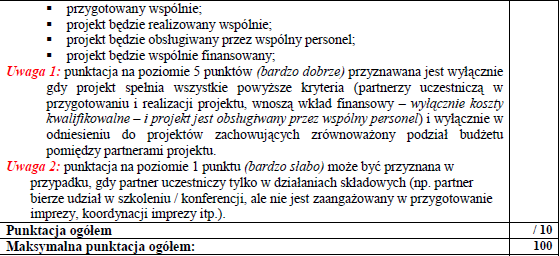 EVALUATION GRID : Partnership Minimalna ilośd punktów, którą musi uzyskad