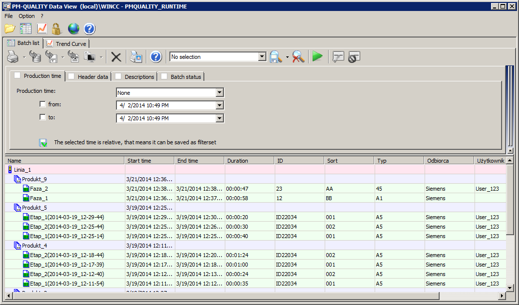 Wróćmy jeszcze do elementu BatchTableControl (DataView). Jest to element kontrolka ActiveX pozwalający na łatwy i wszechstronny dostęp do danych produkcyjnych zebranych przez PM-Quality.