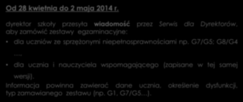 Zgłaszanie zapotrzebowania na dodatkowe zestawy egzaminacyjne dla uczniów z niepełnosprawnościami sprzężonymi lub dla uczniów korzystających z pomocy nauczyciela wspomagającego Od 28 kwietnia do 2