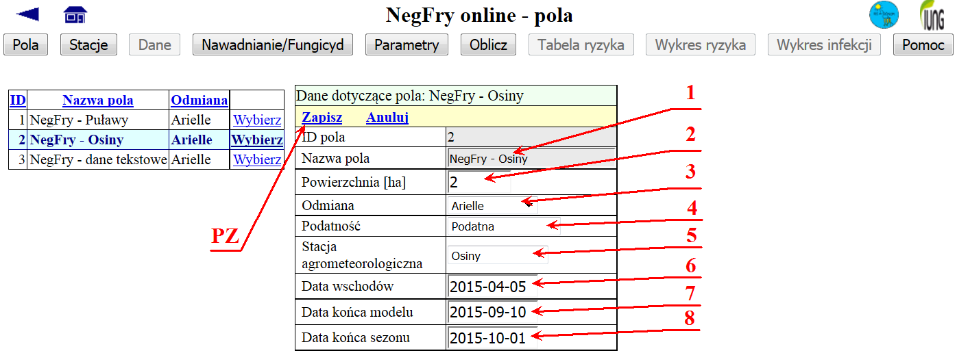Rys.3. Strona "Pola" - edycja. Oznaczenia: 1 - pole; 2 - przycisk "Wybierz"; 3 - przycisk "Edytuj"; TDSP - Tabela Danych Szczegółowych Pola.