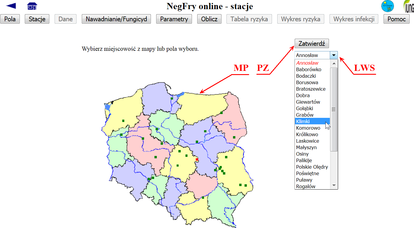 Rys.5. Strona "Stacje". Oznaczenia: MP - Mapa Polski; PZ - przycisk zatwierdzający zmianę stacji na wybranym polu; LWS - lista wyboru stacji. Strona "Dane" 