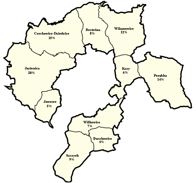 Mapa 3. Powierzchnia poszczególnych gmin na tle powiatu bielskiego. Źródło: opracowanie własne na podstawie Banku Danych Lokalnych GUS.