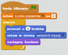 Co się powinno zdarzyć z punktami gdy rozpoczynamy grę? -Powinny się wyzerować. Prosimy więc aby uczniowie znaleźli odpowiedni klocek i umieścili go na początku gry.