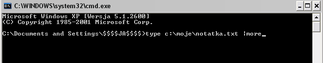 Przykład: Wyświetlanie na ekranie pliku notatka.txt znajdującego się na dysku C w folderze moje. Uruchamiamy konsolę i wpisujemy type c:\moje\notatka.