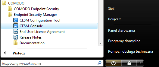 3. Logowanie do konsoli 3.1 Zalogowanie do konsoli możliwe jest na kilka sposobów a. Z systemowego menu START należy odszukać wpis Comodo oraz uruchomić CESM CONSOLE.