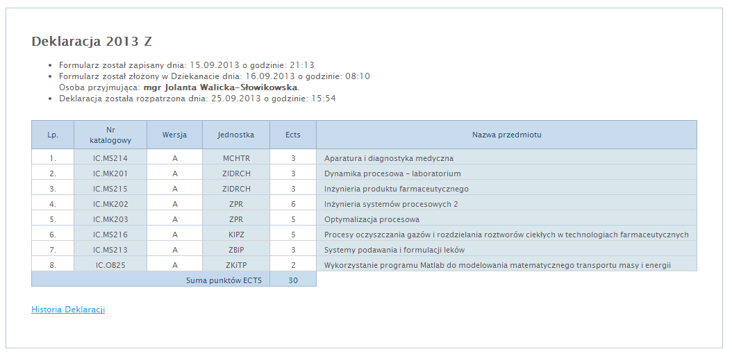 Student na pierwszym semestrze uzyskał 25 na 30 ECTS możliwych do uzyskania. Wyraźnie widać podział przedmiotów na kierunkowe (ICHiP) i specjalnościowe (PPB).